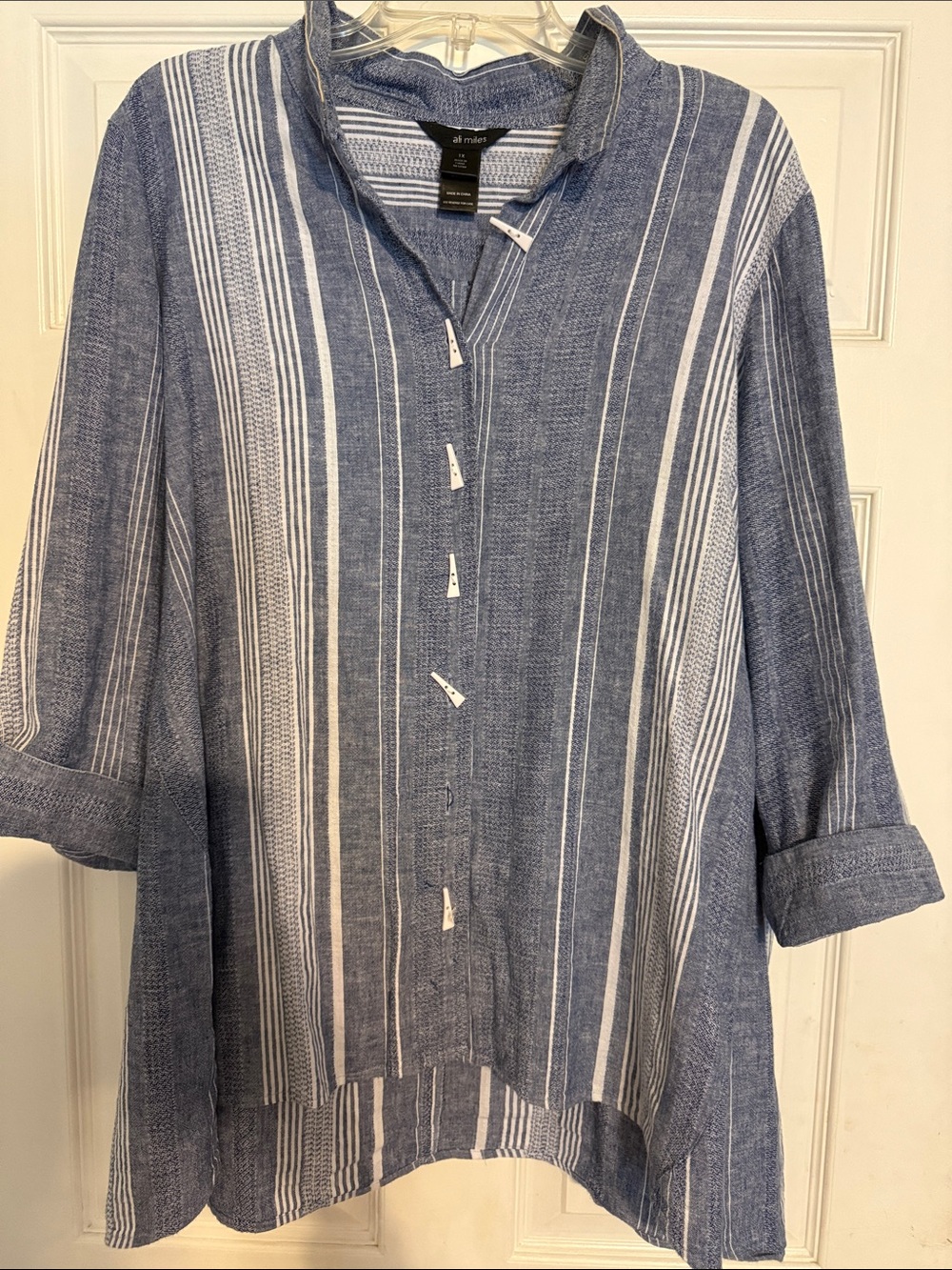 Ali Miles Blue and White Striped Button-Front Tunic.